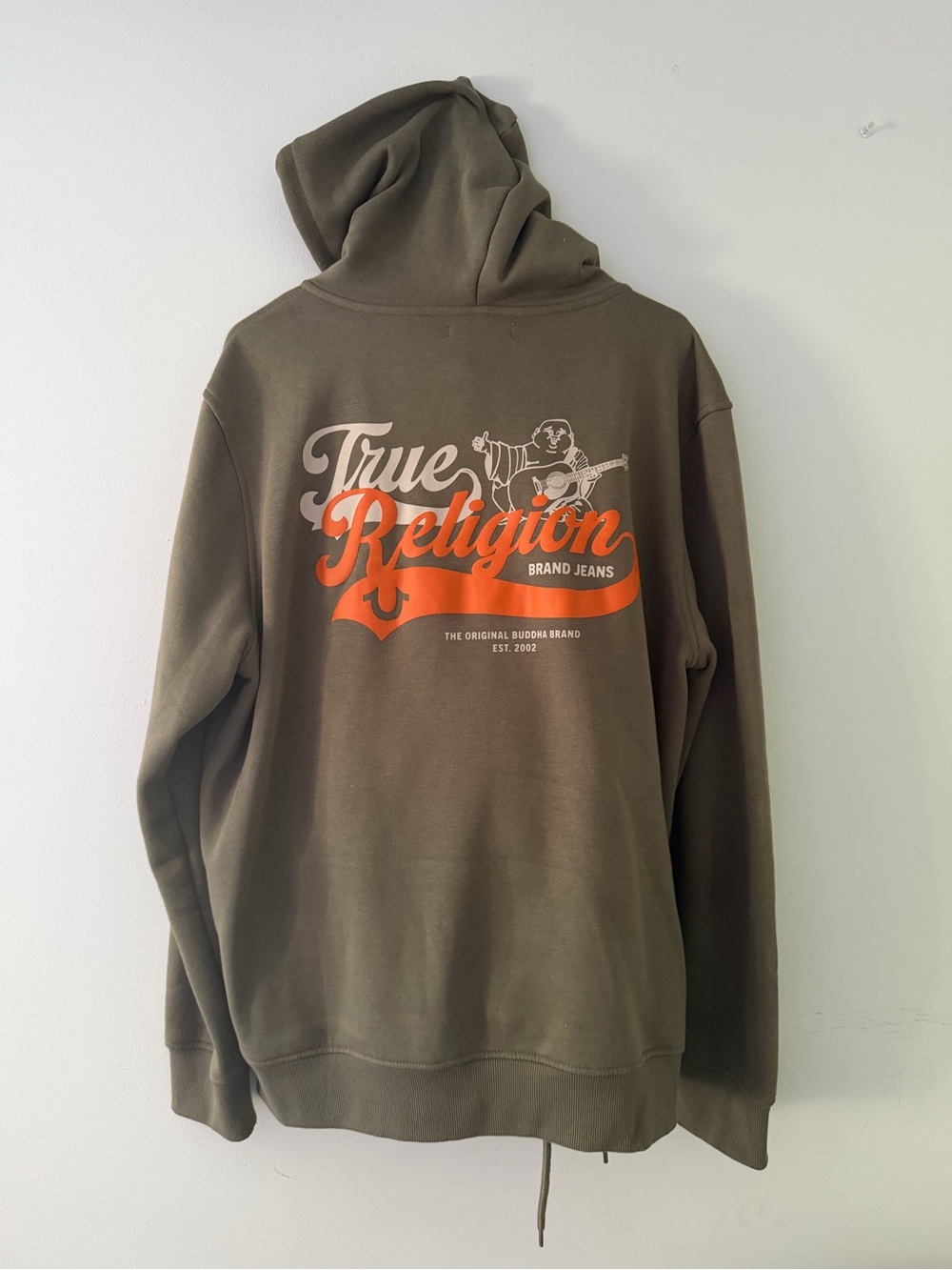 True Religion Olive Pullover Hoodie with Orange & Cream Logo…worn once